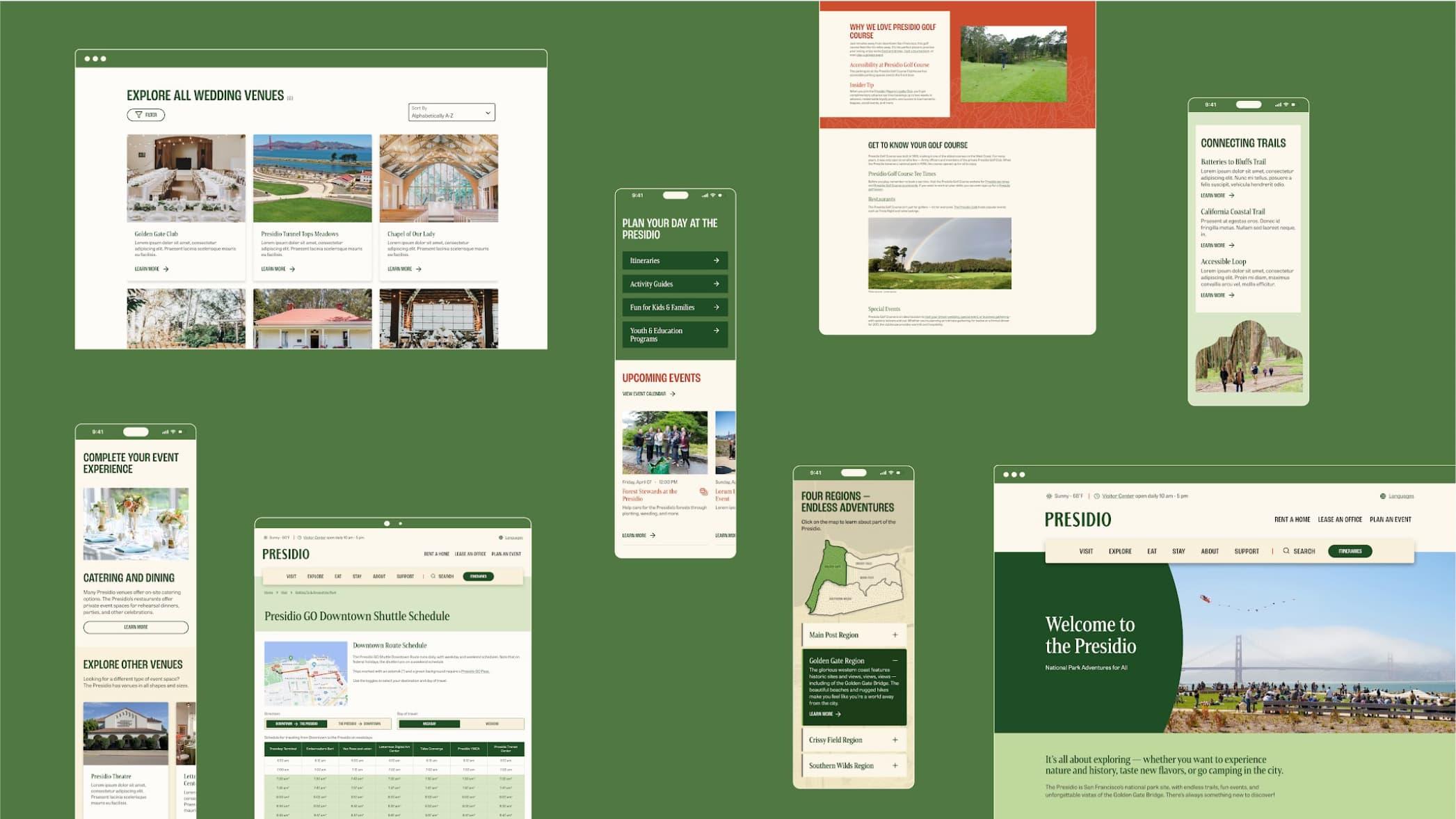 A collage of images showing various screen views of the new Presidio website.