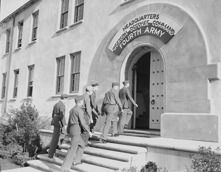 A group of men entering headquarters building. Image courtesy Bancroft Library, UC Berkeley.