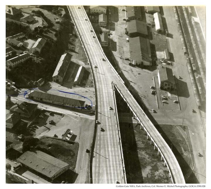 Aerial of Doyle Drive and building 603. Courtesy Golden Gate NRA, Park Archives