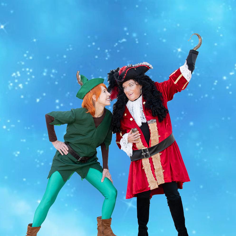 Peter Pan, in an all green outfit, facing Captain Hook, in his red captain's outfit and hook.