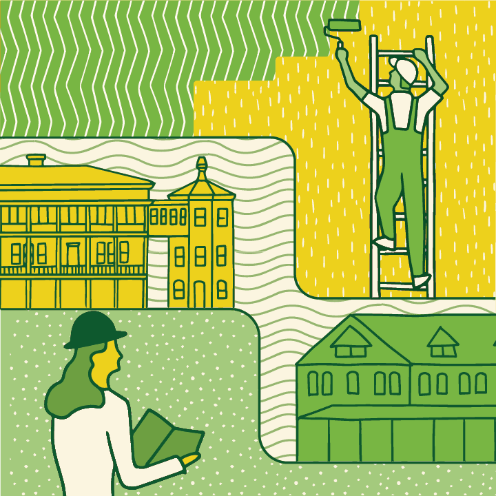 Yellow and green icons illustrating Revitalizing Historic Buildings.